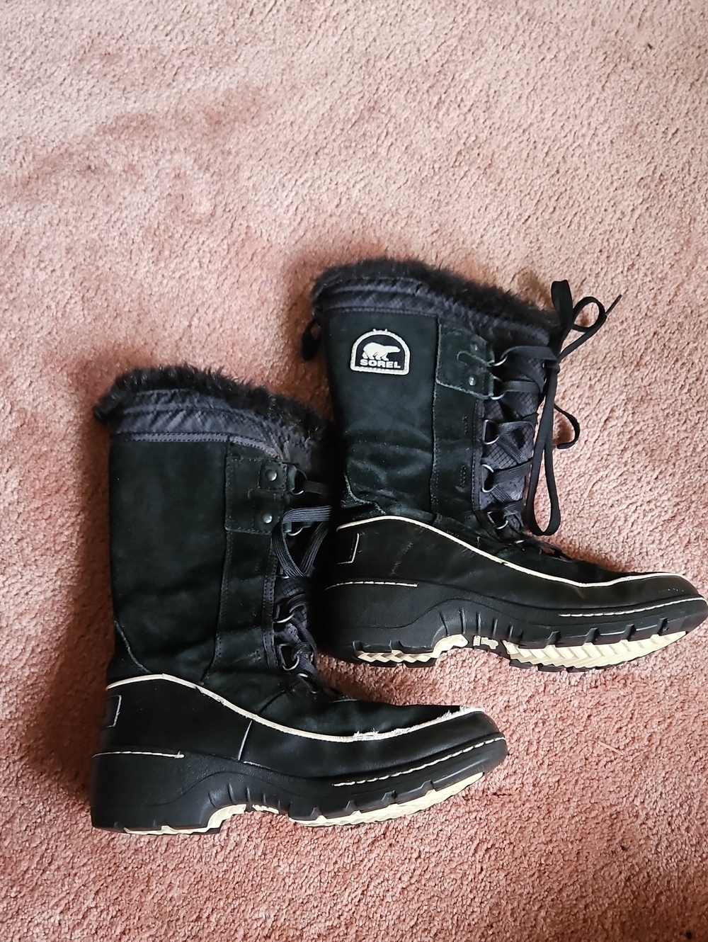 Women's Sorel Black Lace-Up Faux Fur Winter Boots, Size 7